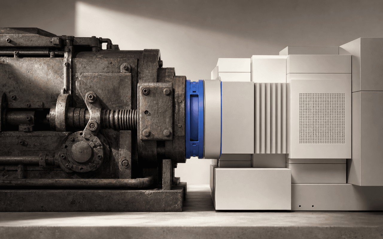 A weathered machine connected to a modern modular system representing legacy modernization