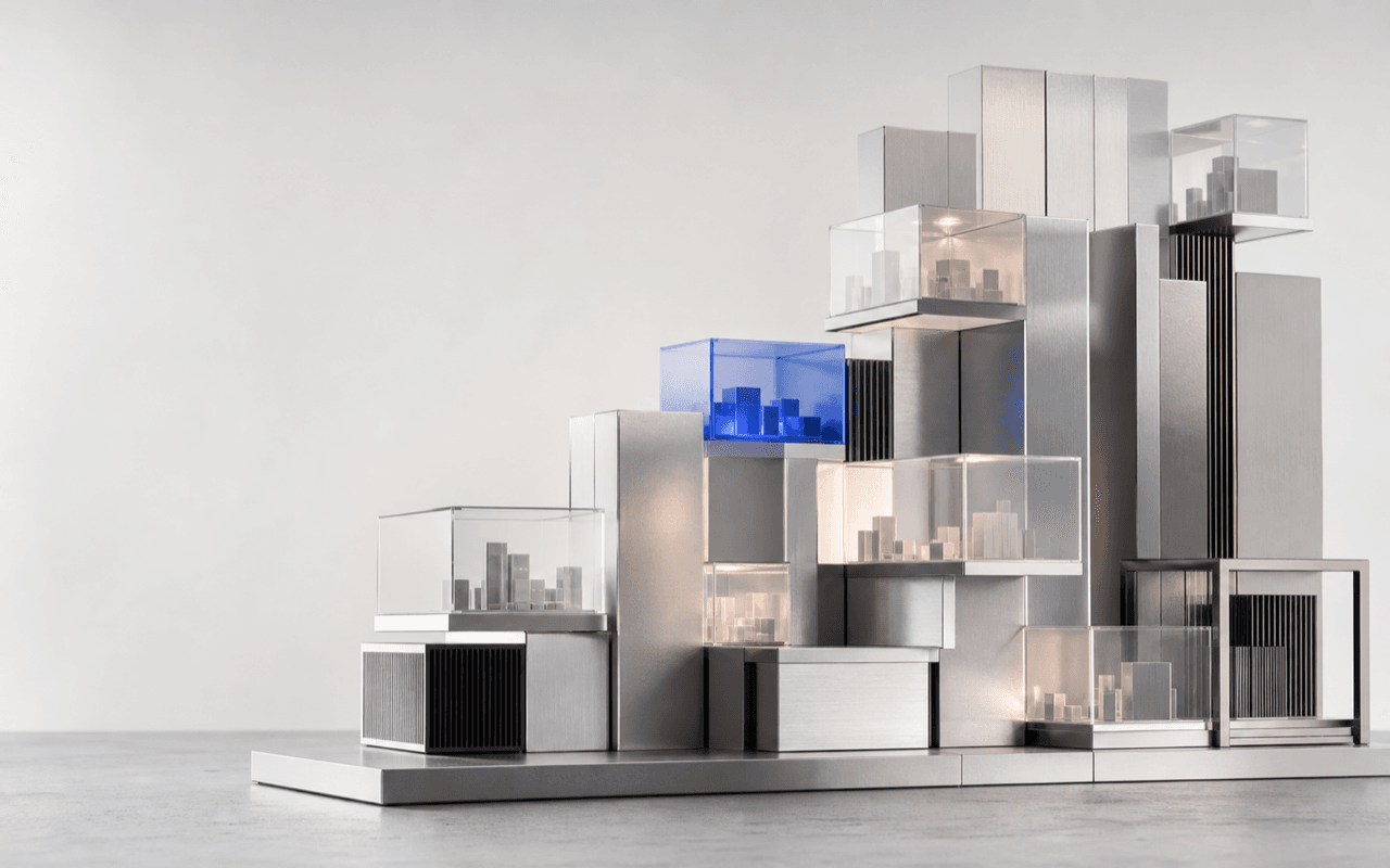 Modular metal towers with isolated chambers representing a scalable SaaS architecture