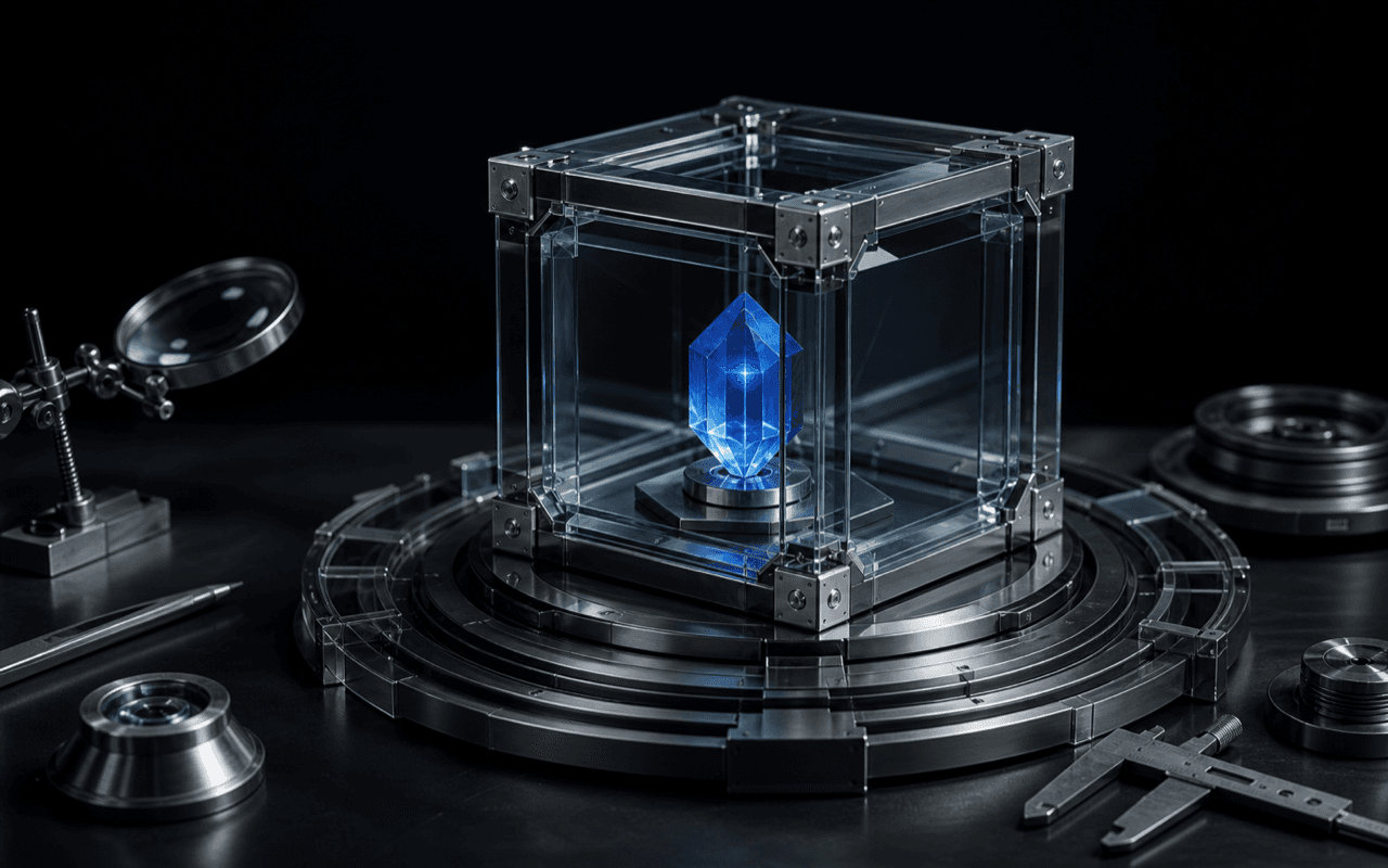 A crystalline protocol core protected inside a transparent engineered vault